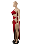 Red Sexy Solid Hollowed Out One Shoulder Pencil Skirt Dresses