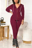 Wine Red Casual Solid O Neck Long Sleeve Two Pieces