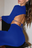 Blue Fashion Sexy Solid Backless O Neck Long Sleeve Two Pieces