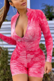 Red Street Patchwork Tie-dye Zipper Collar Skinny Rompers