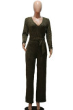 Silver Fashion Casual Polyester Solid Split Joint V Neck Straight Jumpsuits
