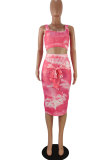 Pink Polyester Fashion Casual adult Patchwork Print Tie Dye Bandage Two Piece Suits pencil Sleeveless Two Pieces