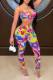 Multicolor Fashion Sexy Print Backless Spaghetti Strap Sleeveless Two Pieces