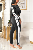 Grey Solid Patchwork Bateau Neck Long Sleeve Two Pieces