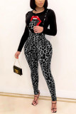 Leopard print Fashion Casual Leopard Lips Printed Basic O Neck Long Sleeve Regular Sleeve Regular Two Pieces