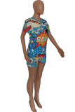 Blue Polyester Fashion Casual adult Ma'am Print Character Two Piece Suits Straight Short Sleeve Two Pieces