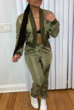 Green Fashion Casual Solid Cardigan Pants Long Sleeve Two Pieces