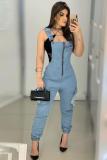 Light Blue Fashion Casual Patchwork Solid Draped zipper The cowboy Sleeveless Slip Jumpsuits