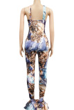 Blue Sexy Print Coloured drawing Sleeveless Hanging neck Jumpsuits