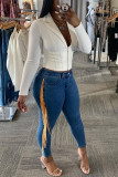 Baby Blue Fashion Casual Solid Tassel Split Joint Mid Waist Skinny Jeans