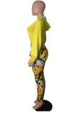 Yellow Casual Twilled Satin Print O Neck Long Sleeve Regular Sleeve Short Two Pieces