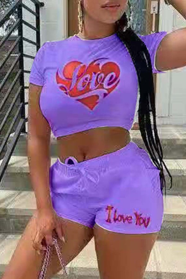 Purple Fashion Casual Print Basic O Neck Short Sleeve Two Pieces