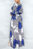Blue White Elegant Print V Neck Dresses