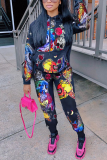 White Casual Print Patchwork Hooded Collar Long Sleeve Two Pieces