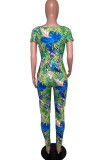 Blue Fashion Sexy Print Short Sleeve V Neck Jumpsuits