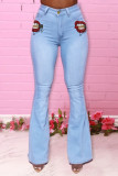 Deep Blue Fashion Casual Lips Printed Basic High Waist Boot Cut Jeans