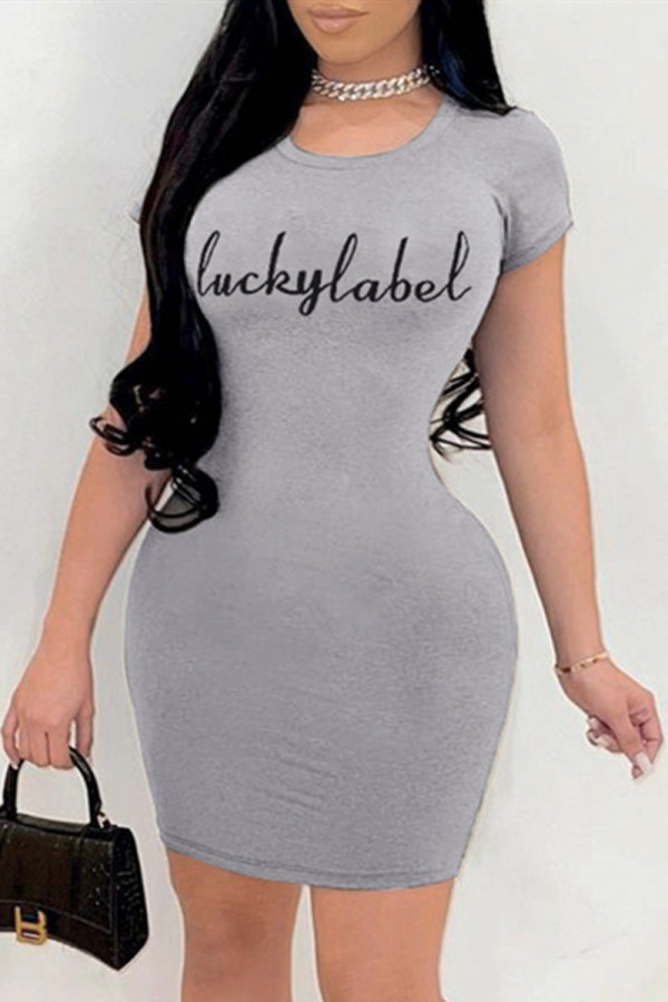 Silver Gray Fashion Casual Print Basic O Neck Short Sleeve Dress
