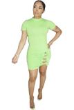 Light Green Polyester Fashion Sexy adult Light Green purple Cap Sleeve Short Sleeves O neck Pencil Dress Mini Bowknot Patchwork Solid hollow out asymmetrical Dresses