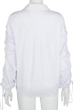 White Fashion Casual Solid Patchwork Frenulum Fold Turndown Collar Mid Waist Tops