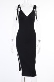 Black Sexy Solid Tassel Frenulum Asymmetrical Spaghetti Strap Sleeveless Dress Dresses