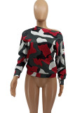 Red Sexy Print Camouflage Print O Neck Mid Waist Tops