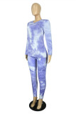 Light Blue Fashion Casual Print Tie-dye V Neck Long Sleeve Two Pieces