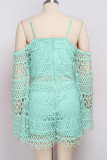 Light Blue Sexy Fashion Solid Patchwork lace Hollow Lace Long Sleeve O Neck Rompers