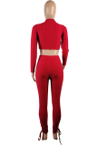 Red Casual Solid Draw String V Neck Long Sleeve Two Pieces