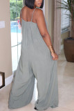 Grey Fashion Casual Solid Polyester Sleeveless Slip Jumpsuits
