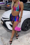 Colour Sexy Print Patchwork Halter Sleeveless Two Pieces