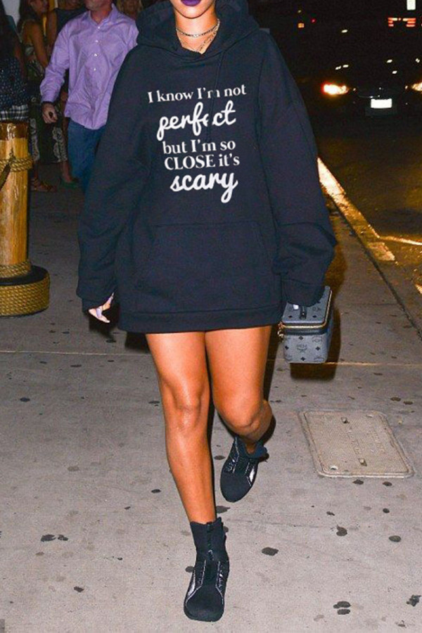 Black Sexy Casual Letter Print Hooded Collar Dresses