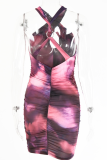 Red Sexy Patchwork Tie-dye Halter Pencil Skirt Dresses
