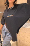 Black Casual Letter Printing O Neck Tops