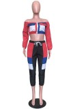 Red Polyester Elastic Fly Long Sleeve Mid Print Patchwork pencil Pants