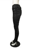 Black Fashion Casual Solid Fold Regular Mid Waist Trousers
