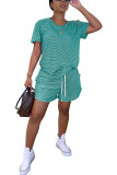 Green Fashion adult Ma'am Street Striped Two Piece Suits Straight Short Sleeve Two Pieces