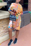 Light Yellow Casual Letter Print Tie-dye O Neck Pencil Skirt Dresses