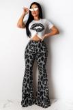 Grey Polyester Fashion Casual adult Leopard Lips Print Print Loose Short Sleeve