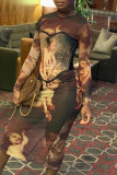 Brown Fashion Sexy Print Basic Half A Turtleneck Long Sleeve Dresses