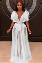 White Polyester Fashion adult Sexy Celebrities Sleeve Sleeveless V Neck Swagger Floor-Length hollow out Dr