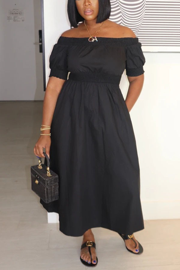 Black Casual Off The Shoulder Half Sleeves One word collar Swagger Ankle-Length Solid Dresses