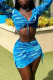 Blue Fashion Sexy Print Strap Design V Neck Long Sleeve Two Pieces
