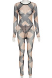 Khaki Sexy Print Hollowed Out O Neck Long Sleeve Two Pieces