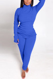 Baby Blue Casual Solid Split Joint Slit O Neck Long Sleeve Two Pieces