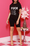 Black Fashion Casual Letter Print Basic O Neck Short Sleeve Two Pieces