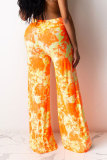 Pink Yellow Polyester Elastic Fly Sleeveless High Patchwork Print Boot Cut Pants Bottoms