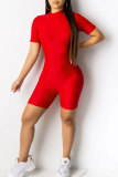Red Fashion Casual Patchwork Solid Short Sleeve Turtleneck Jumpsuits
