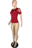 Red Fashion Casual Embroidery Patchwork O Neck Tops