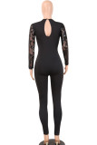 Black Sexy Solid Backless perspective Long Sleeve V Neck