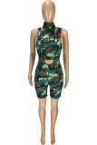 Green Fashion Sexy adult Ma'am Patchwork Camouflage Two Piece Suits pencil Sleeveless Two Pieces